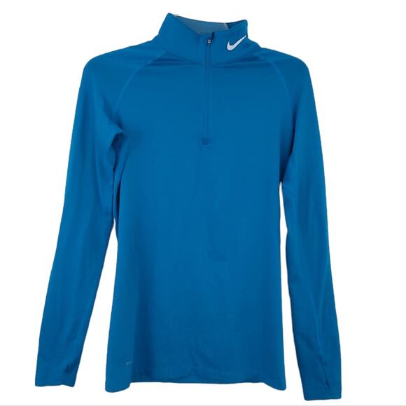 Nike Pro Combat Fitted Medium Blue Pullover Jacket Mockneck Thumbholes Running - Picture 1 of 6